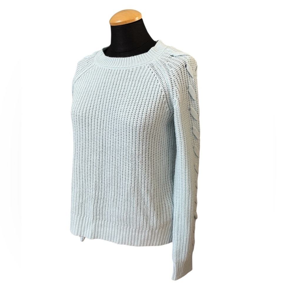 SO Heritage Light Blue Ribbed Knit Sweater Criss Cross Sleeve Detail Small